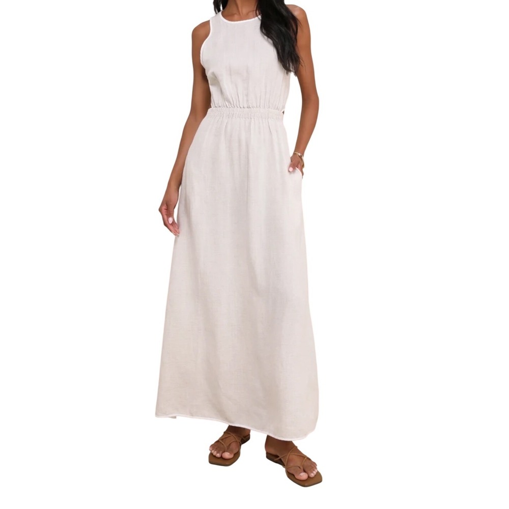 Little Lies Lulus Oatmeal Linen Blend Cut Out Side Maxi Dress Neutral Tan Medium